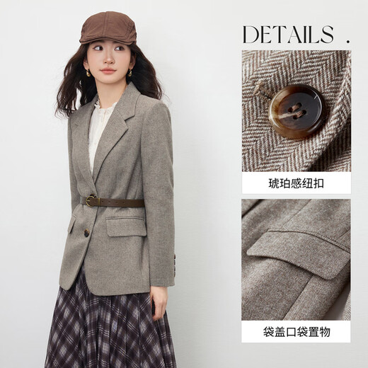 Shandubila sheep wool tailored suit for women winter flat lapel shoulder pad small suit belt slim herringbone business jacket