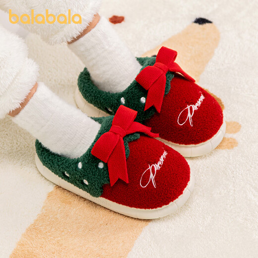 Balabala Children's Cotton Slippers Boys' Winter Velvet Non-Slip Bow Girls' Wool Shoes Warm Indoor Home Slippers Christmas Red 37 Inner Length 24cm Suitable for Feet Length 36-37