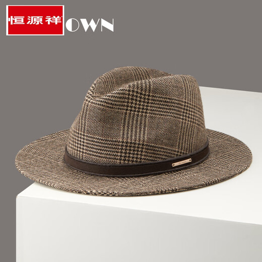 Hengyuanxiang new autumn and winter men's classic retro herringbone wool flat brim hat casual fashion large head hat Welsh plaid flat brim M (56-58cm)