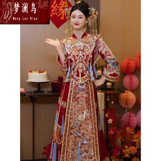 梦澜鸟凤冠霞帔嫁衣全套秀禾服婚服大码胖MM新娘结婚感中式婚纱龙凤褂女 兰庭 S