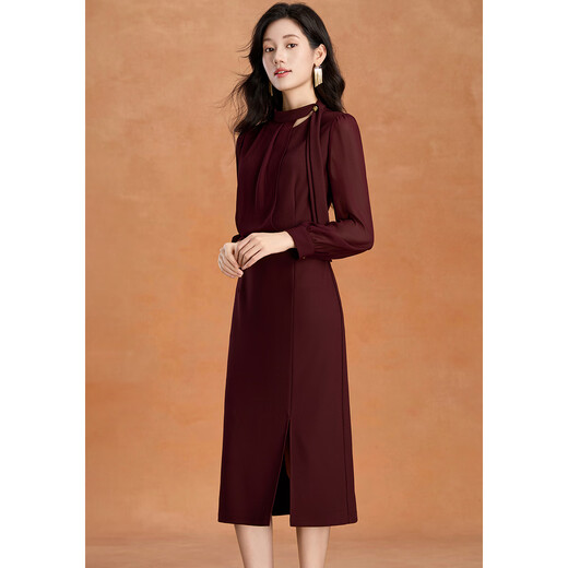 Kebel light luxury high-end dress women's 2025 new autumn and winter temperament waist slimming long-sleeved slit mid-length skirt L