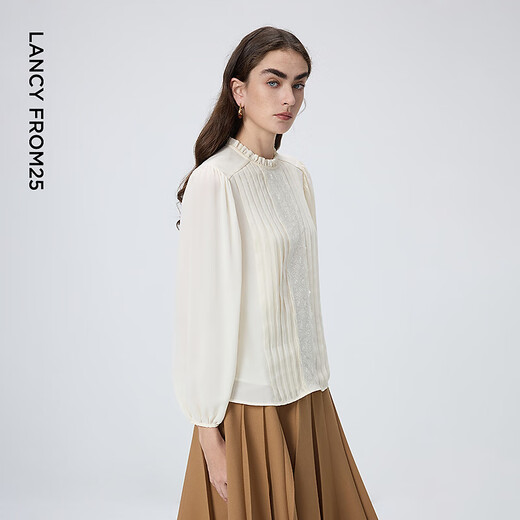 Langzi acetic acid French style lace shirt lace stitching puff sleeves commuter top 2026 spring new style off-white S