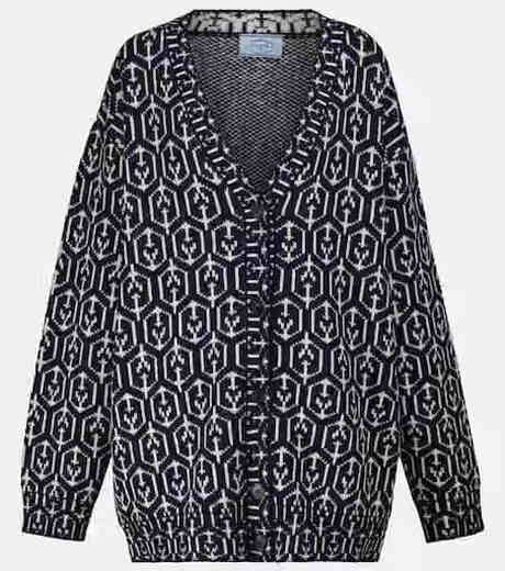 PRADA Luxury Women's Jacquard Wool Knitted Cardigan blue 20 | 48 IT
