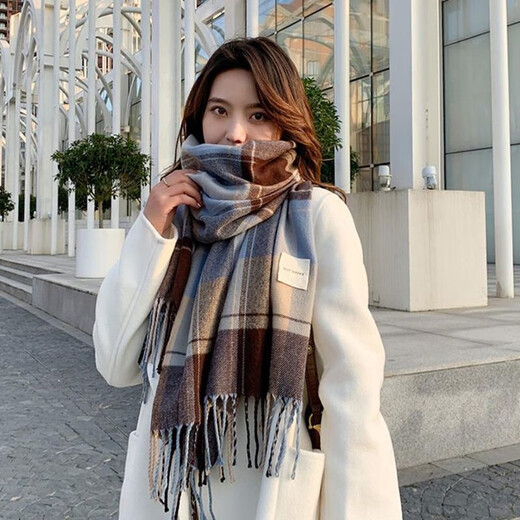 Scarf women's autumn and winter Korean version retro Japanese plaid student couple campus shawl warm tassel scarf men's trendy coffee plaid 180*50cm