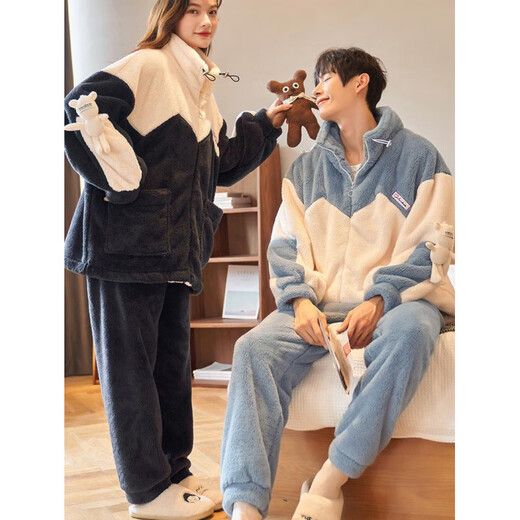 Langsha couple pajamas winter coral velvet zipper can be worn outside sports sweatshirts for men and women plus velvet thickened home clothes set Coral velvet zipper style suit-Yu 93377-78 L Female Recommended 100-125Jin Jin equals 0.5 kg
