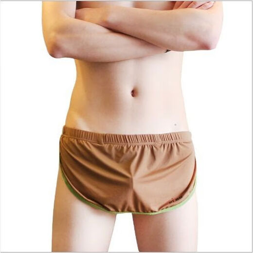 Men's thong underwear, seamless two-piece men's ice silk home pants with built-in single butt positioning casual shorts, military green M