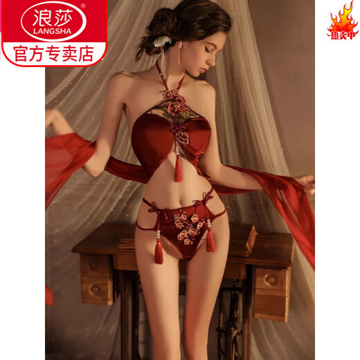 LangSha Sexy Goddess Pajamas Uniform Pure Desire Backless Underwear Female Cosplay Bra Set National Fashion Hanfu Bellyband Red Top + Shorts + Shawl One Size 80-120 Jin Jin equals 0.5 kg