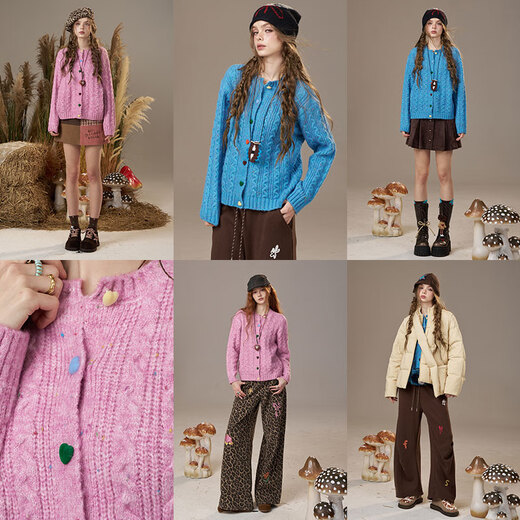 Fairy's Pocket Colorful Love Button Cable Cardigan Sweater Women's 2025 Autumn and Winter New Sheep Wool Jacket Cream Pink M