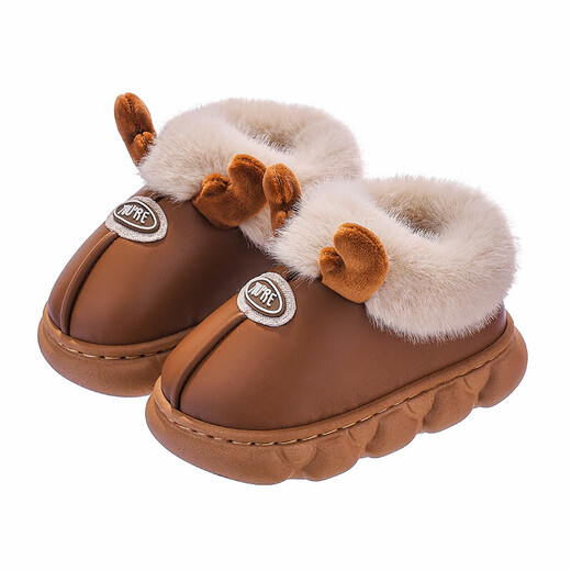 2025 winter children's cotton shoes for boys and girls PU leather style 1-9 years old home indoor non-slip warm waterproof cotton slippers leather style - dark blue - heel included 20.5 -34/35 inner length 20.5CM about 7-8 years old