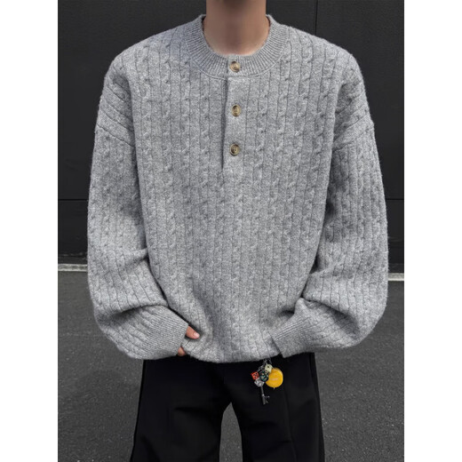 American retro knitted sweater for men in autumn and winter, twist pattern, Henry collar, lazy style, relaxed style, old money style sweater jacket, apricot M, recommended 80-100Jin Jin is equal to 0.5 kg