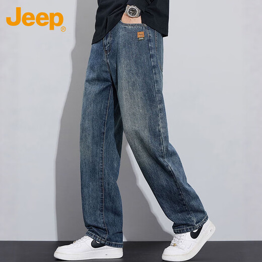 JEEP jeans men's autumn and winter straight casual pants men's loose wide-leg pants stretch nostalgic blue 34