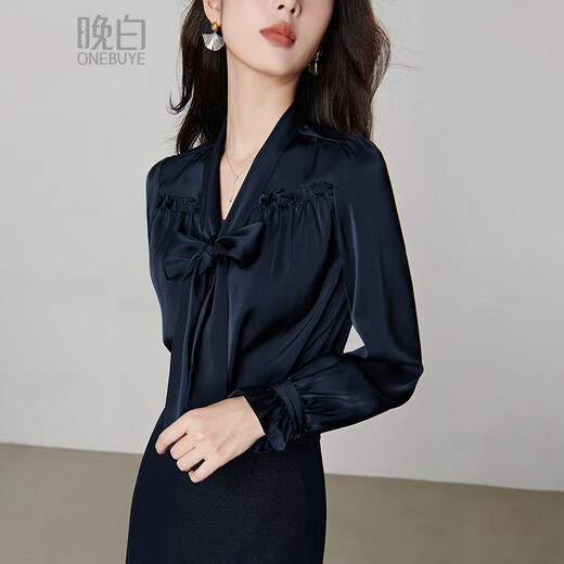 Late White New Product 2025 Autumn Solid Color Bow Tie Collar Top Elegant and Versatile Shirt for Women Dark Blue M