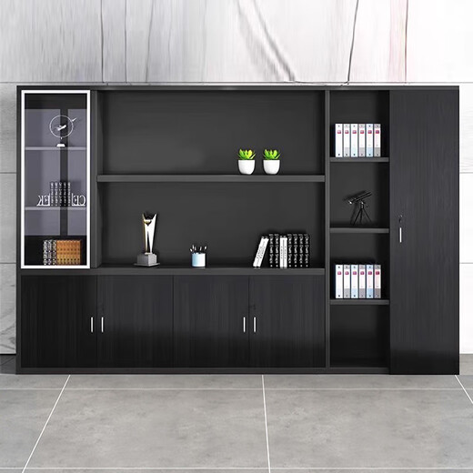 Ogisha office storage cabinet file cabinet wardrobe wooden information cabinet with lock black storage background high cabinet bookcase against the wall six doors (installation included)