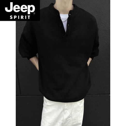 JEEP SPIRIT American Handsome Henley Collar Sweater Men's 2025 New Autumn and Winter Lazy Feeling Old Money Style Knitted Sweater Jacket Black M