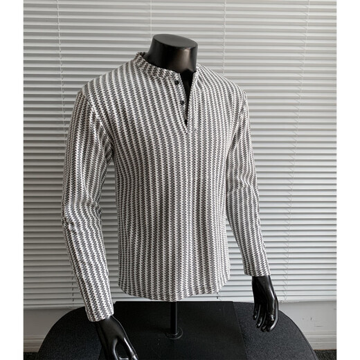 PUGESI American heavy henley shirt men's autumn black and white striped long-sleeved T-shirt herringbone pattern stand-up collar inner base sweatshirt gray 3XL
