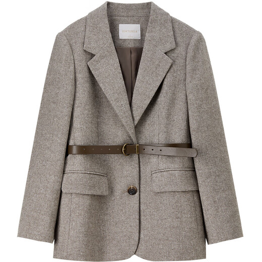 Shandubila sheep wool tailored suit for women winter flat lapel shoulder pad small suit belt slim herringbone business jacket