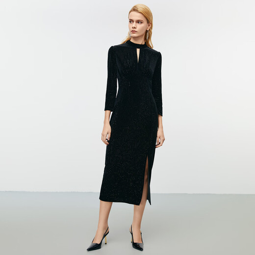 EITIE Noble Deep V Slim Fit Slit Velvet Sequin Dress Autumn and Winter New Banquet Women's Dress 8077703 Minimalist Black 20 S (155)