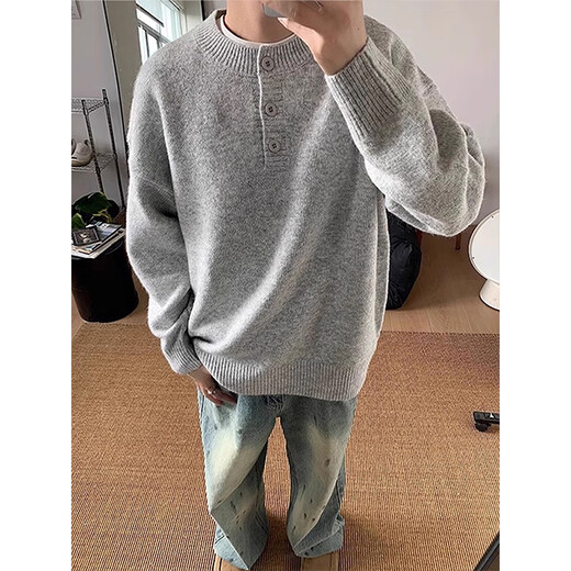 Xiaotu Daren Hong Kong style Henry collar sweater for men in autumn and winter, high-end lazy style bottoming sweater, cleanfit casual inner wear, light gray XL