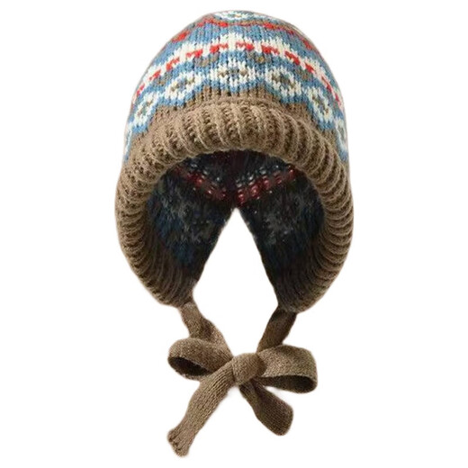 Fair Isle style knitted hat for women winter retro balaclava bag hat warm ear protection woolen hat trendy jacquard khaki