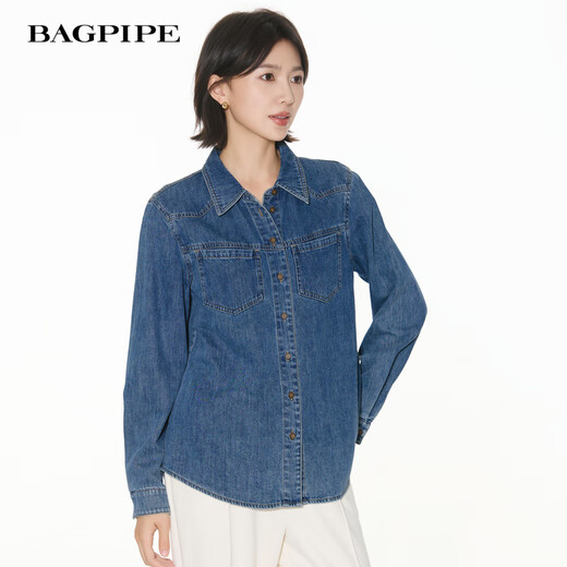 Bagpipe Bagpipe 2025 Autumn New Dark Blue Retro Denim Shirt Women's Layered Small Shoulder Soft Top Denim Lan M 160