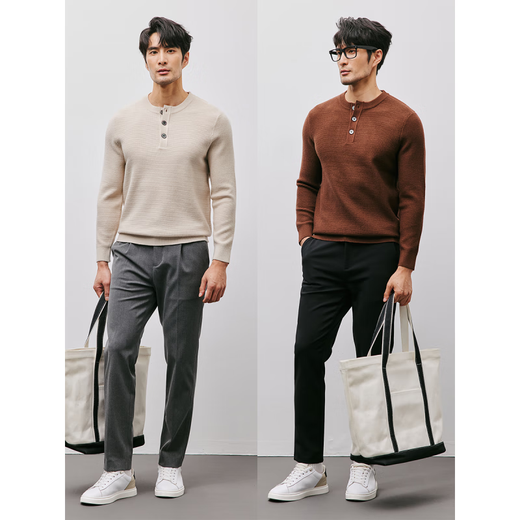 ONEDEW sweater men's spring and autumn new business casual slim henley collar long-sleeved sweater solid color wool sweater apricot M