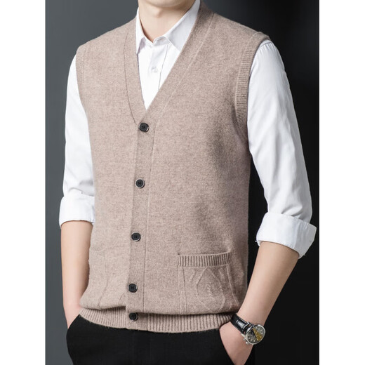 KING DEER Ordos cashmere sweater men's vest winter new sweetheart V-neck buttoned vest cardigan jacket bright rice camel 3XL 125 recommended weight 175-190Jin Jin is equal to 0.5 kg