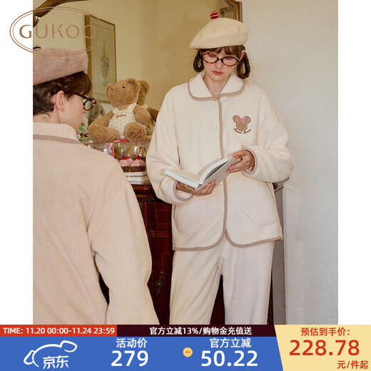 Gukoo Couple Pajamas Winter Disney Co-branded New Lapel Warm Simple Ladies Home Clothes Set Men's Pajamas D Milky White Women's Suit S