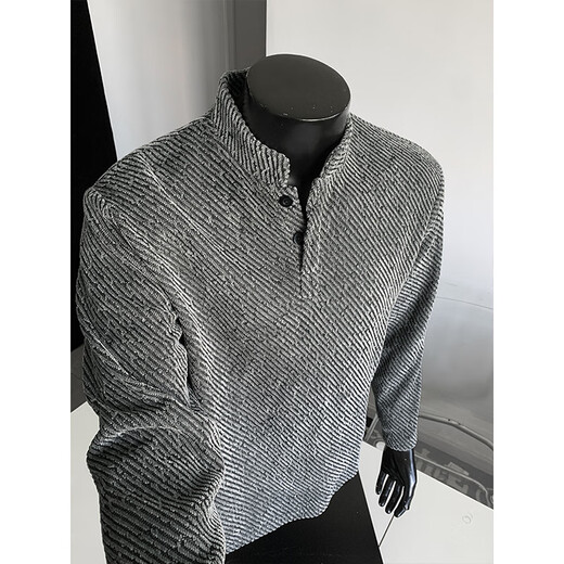 PTAT American Henry shirt long-sleeved T-shirt for men in autumn and winter plus velvet top with trendy brand texture jacquard Polo sweatshirt for men T24538 black regular M