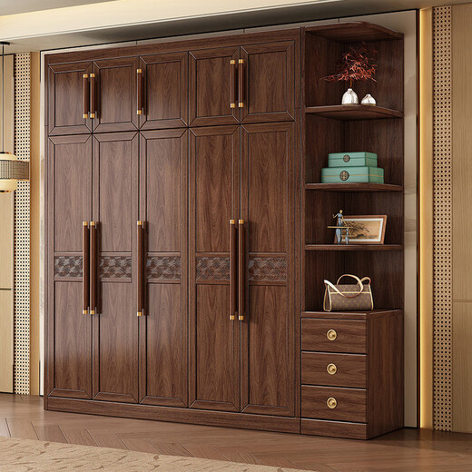 Caibaimu Wardrobe New Chinese Solid Wood Wardrobe with Side Cabinet Black Walnut Wardrobe Bedroom Household Clothes Storage Hanging Wardrobe Five-Door Wardrobe Assembly