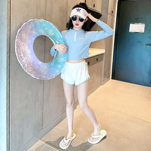 He Jiagong girls' swimsuit with good looks 2025 new style children's Western-style two-piece swimsuit for big children and girls long-sleeved sun protection swimming blue long-sleeved two-piece 120 cm