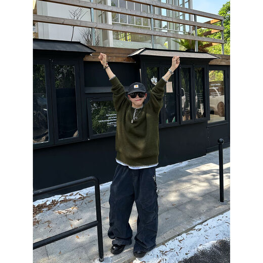 XBRO American retro vintage spring and autumn wool blended lazy Henry collar sweater pullover sweater for men and women dark green G076 wool sweater in stock M M loose and too large