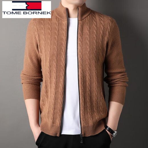 TOME BORNEK Tommy Tommy Wool Sweater Zipper Cardigan Men's Autumn and Winter Korean Style Stand Collar Sweater Jacket Herringbone Jacquard Khaki M