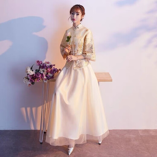 Maycaur2025 new champagne Chinese style bridesmaid dress gray Xiuhe dress winter bridesmaid dress female Chinese style sister group champagne gold S