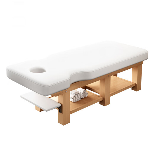 Solid wood beauty bed, massage bed, massage bed, special therapy bed for beauty salons, embroidered body care ear bed, can watch mobile phone, curved arm type, white leather 190*70, with folding mobile phone holder board