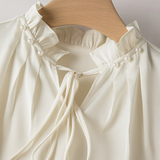 Late White New Product 2025 Autumn Solid Color Temperament Fashion Top Lace Stand Collar Skin Friendly Versatile Shirt for Women Beige L