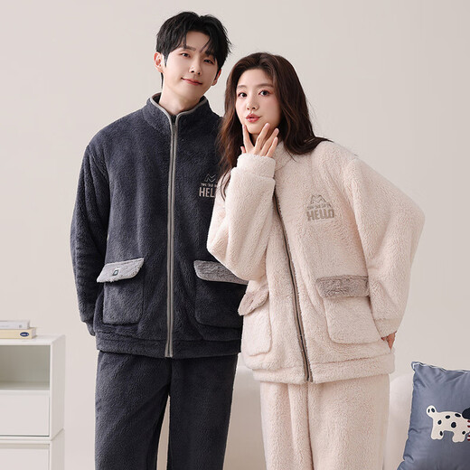 Imanan snowflake velvet couple pajamas for women winter thickened cardigan zipper warm casual men can be worn outside home clothes suit 5912 L women's style