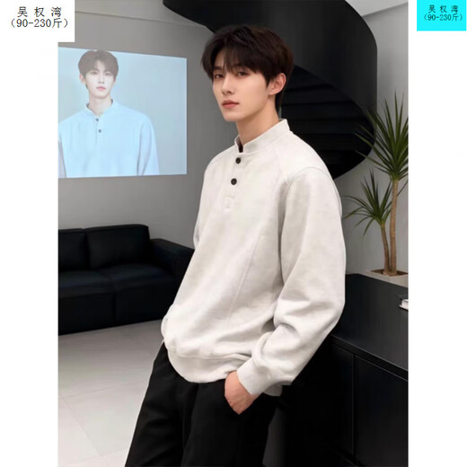 Wu Quanwan American style heavyweight velvet Henry collar inner layering shirt men's cleanfit simple right shoulder slim long-sleeved sweatshirt Black plus velvet models are in stock now Black plus velvet 5XL