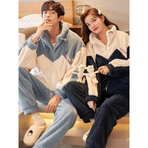 Langsha couple pajamas winter coral velvet zipper can be worn outside sports sweatshirts for men and women plus velvet thickened home clothes set Coral velvet zipper style suit-Yu 93377-78 L Female Recommended 100-125Jin Jin equals 0.5 kg