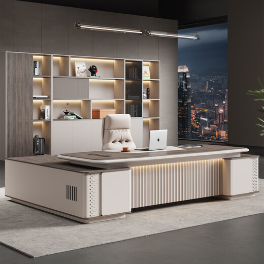 Guiqiu boss desk office desk and chair combination simple modern executive desk single desk manager desk office furniture 1.8m boss table (single side cabinet includes light strip + boss chair + 2.0m bookcase)