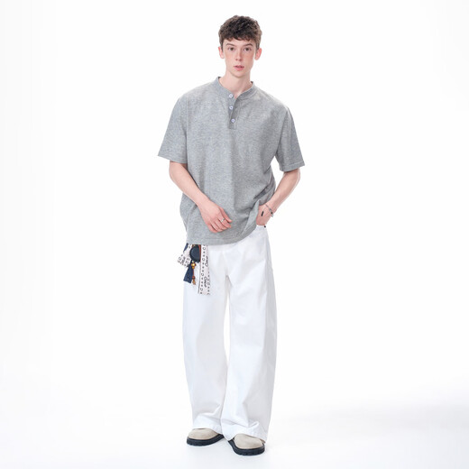 Yingtang Dream made American retro cleanfit henley collar short-sleeved T-shirt men's summer shoulder sweater half-sleeved floral gray M one size