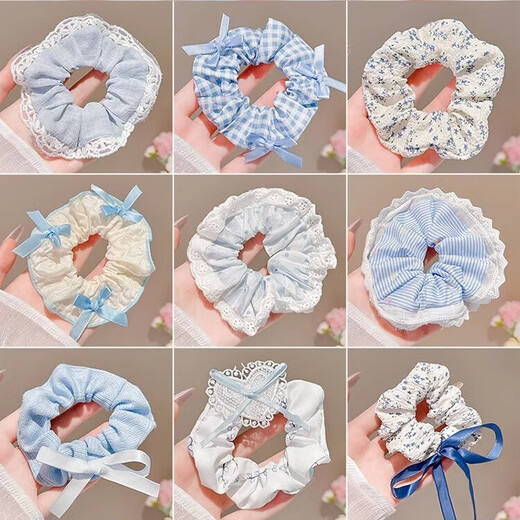 Sweet bow floral large intestine hair tie for women with lace versatile ponytail hair style girl headband hair rope hair accessories 1# sea salt blue hair tie six-piece set
