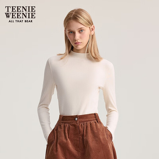 
Teenie Weenie Bear Women's T-shirt 2025 Autumn New Small Tretleneck Fleece Base Long Sleeve Top Ivory White M