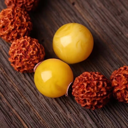 Lianshi beeswax single bead loose bead round bead chicken oil yellow floating flower old wax single hand string bead cultural toy accessories with beads 12mm chicken oil yellow floating flower one