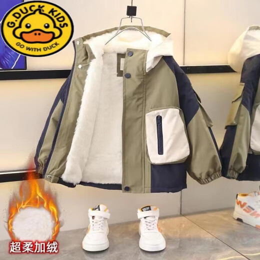 G.DUCKKIDS Boys Korean Style Jacket Plus Velvet Thickened Jacket Spring Autumn Winter 2025 New Trendy Baby Pie Jacket Cotton Jacket Red Spliced Cotton Jacket 130 Recommended height 120 cm