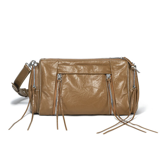 Simutin cowhide Boston bag women's niche design pillow bag textured shoulder crossbody bag soft leather withered bamboo brown