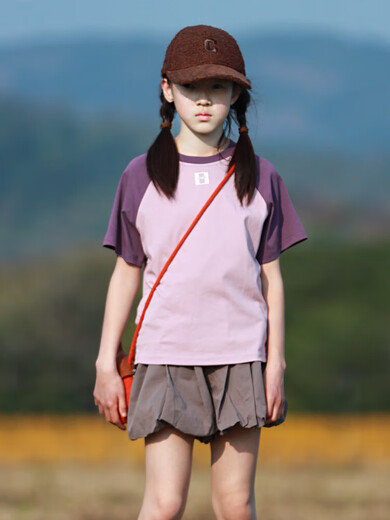 涂碟幽女童短袖T恤夏季中大童气质甜美套头百搭子装插肩袖拼接上衣 芋紫(短袖)ANT50206YZ抽绳短袖T 130 cm