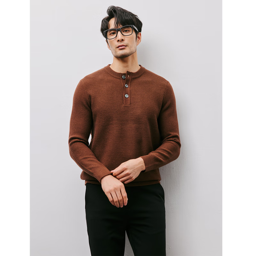 ONEDEW sweater men's spring and autumn new business casual slim henley collar long-sleeved sweater solid color wool sweater apricot M