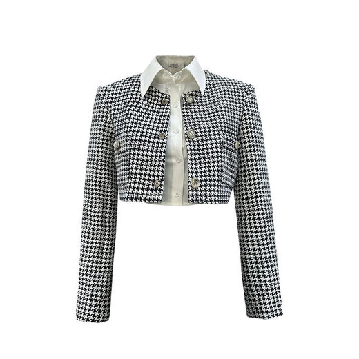 格子外套女短款玫瑰故事黄亦玫感纽扣长袖小香风外衣 衬衣 S S