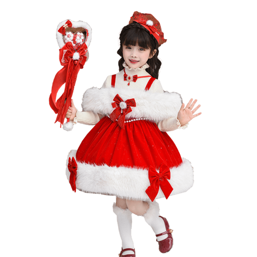 G.duck little yellow duck Christmas costume children's Lolita princess dress girls' velvet dress birthday dress New Year's greetings velvet skirt removable fur 100 size 2~3 years old 90-100cm