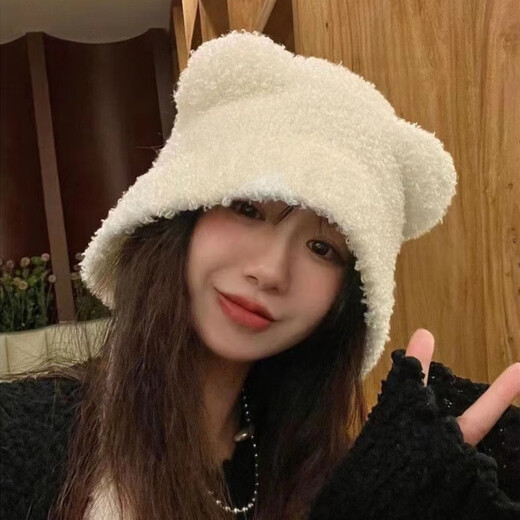 Cute woolen bear ears woolen knitted hat for women in autumn and winter, face-showing, small ear protection, big headband, cold hat, black-headband